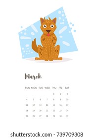 Calendar 2018 March. Vector. Cartoon. Isolated art on white background. Flat 