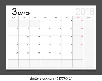Calendar 2018 March week start on Monday day corporate design template vector.