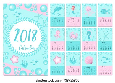 Calendar 2018 in marine style, sea life. Week starts from monday. Template for your design fairytale underwater world with marine animals and a mermaid. Vector illustration