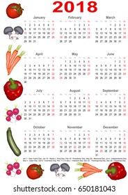 Calendar 2018 with markings and below a list of public holidays for the USA and edged with various vegetables