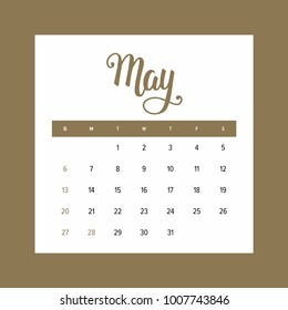 Calendar 2018 of May. One month of the year elegant design template with hand drawn lettering, golden elements and american holidays selected