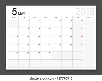 Calendar 2018 May week start on Monday corporate design template vector.