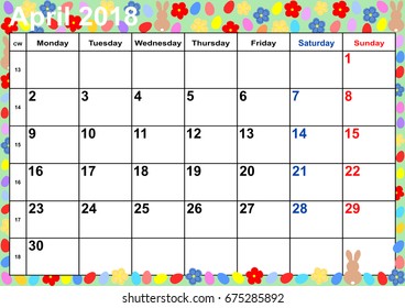 Calendar 2018 month April with public holidays for the USA on colorful background with Easter eggs, flowers and Easter bunnies. Vector, week starts monday.