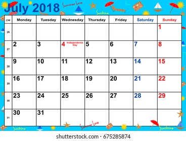 Calendar 2018 month July with public holidays for the USA on blue background with summery motifs. Vector, week starts monday.