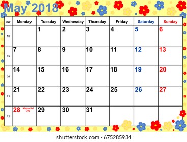 Calendar 2018 month May with public holidays for the USA on yellow background with different flowers. Vector, week starts monday.