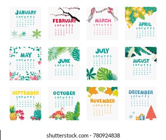 Calendar 2018, Month, New year calendar, Illustration vector, flowers