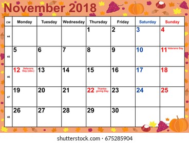 Calendar 2018 month November with public holidays for the USA on colorful background with autumnal motifs like pumpkins, buckeyes, acorns. Vector, week starts monday.