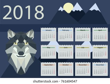 Calendar 2018. Monthly calendar with animals. Year of the dog. Vector illustration.