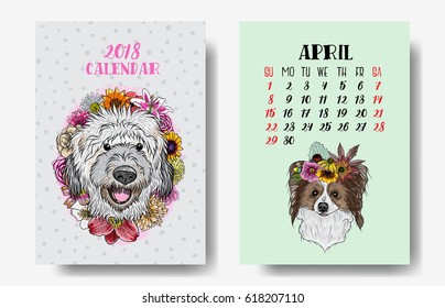 Calendar 2018 monthly. Cute dogs. 2018 Chinese new year with text and dog zodiac and flowers decoration vector design.