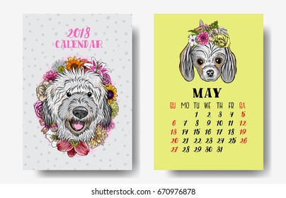 Calendar 2018 monthly. Cute dogs. 2018 Chinese new year with text and dog zodiac and flowers decoration vector design.