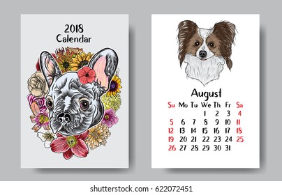 Calendar 2018 monthly with drawing of colourful dog. Chinese new year, the year of the dog zodiac cards templates. Vector.