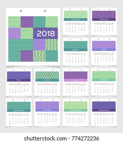 Calendar 2018. Monthly calendar with geometric pattern designs. Week starts on Sunday. Vector illustration. Green and purple.