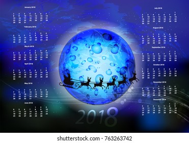 the calendar for 2018 is a new one. horizontal orientation. Blue colour. full moon and santa on deer. sky with clouds