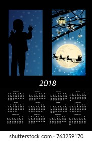 the calendar for 2018 is a new one. vertical orientation. Blue colour. Neon inscription and silhouette of Santa Claus on deer in a window. Full Moon. Christmas. the boy waves in the window