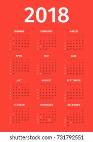 Calendar for 2018 with noted US holidays on red background. Week starts on Sunday. State holidays of the USA are marked. Simple vector template. Stationery design template
