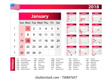 Calendar for 2018 with noted US holidays on white background. Week starts on Sunday. State holidays of the USA are marked. Simple vector template. Stationery design template art