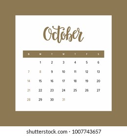 Calendar 2018 of October. One month of the year elegant design template with hand drawn lettering, golden elements and american holidays selected
