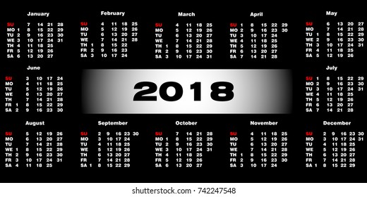 Calendar 2018 on a black background. Vector illustration  template for 2018 years. Black and white