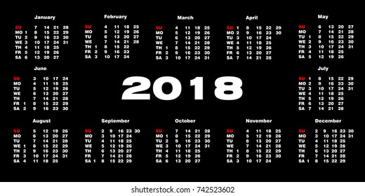 Calendar 2018 on a black background. Vector illustration  template for 2018 years. Black and white