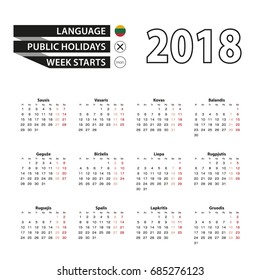 Calendar 2018 on Lithuanian language. Week starts from Monday. Simple Calendar. Vector Illustration.