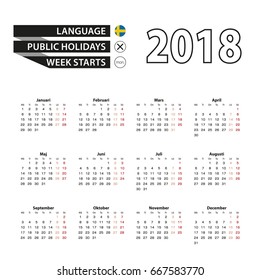 Calendar 2018 on Swedish language. Week starts from Monday. Simple Calendar. Vector Illustration.