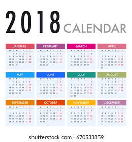 Calendar for 2018 on White Background. Week Starts Monday. Simple Vector Template