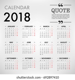 Calendar for 2018 on White Background for organization and business. Week Starts Monday. Simple Vector Template. EPS10