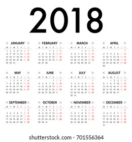 Calendar for 2018 on White Background for organization and business. Week Starts Monday. Simple Vector Template. EPS10
