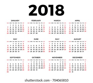 Calendar for 2018 on white background