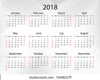 Calendar for 2018 on white background. Vector EPS10.