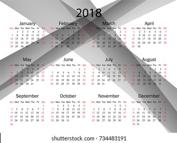 Calendar for 2018 on white background. Vector EPS10.