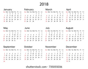 Calendar for 2018 on white background. Vector EPS10.