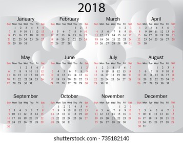 Calendar for 2018 on white background. Vector EPS10.