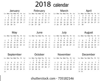 Calendar for 2018 on white background. Vector EPS10.