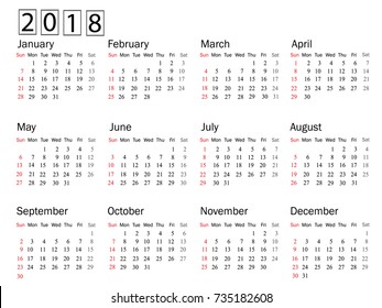 Calendar for 2018 on white background. Vector EPS10.