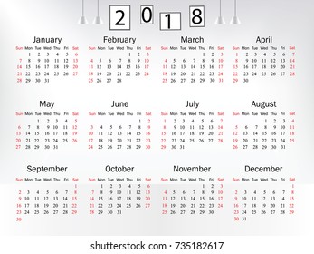 Calendar for 2018 on white background. Vector EPS10.