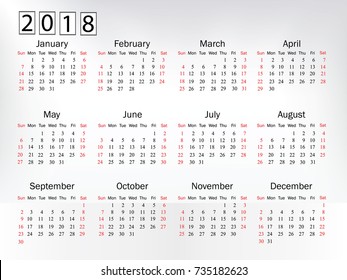 Calendar for 2018 on white background. Vector EPS10.