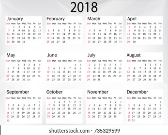 Calendar for 2018 on white background. Vector EPS10.