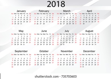 Calendar for 2018 on white background. Vector EPS10.