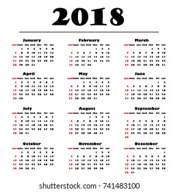 Calendar 2018 on a white  background. Vector illustration template for 2018 year. Black and white