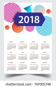Calendar for 2018 on White Background. Week Starts Monday. Simple and colorful Vector Template