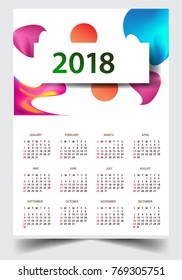Calendar for 2018 on White Background. Week Starts Monday. Simple and colorful Vector Template