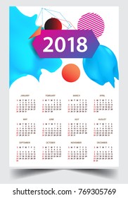 Calendar for 2018 on White Background. Week Starts Monday. Simple and colorful Vector Template
