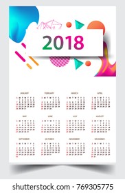 Calendar for 2018 on White Background. Week Starts Monday. Simple and colorful Vector Template