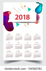 Calendar for 2018 on White Background. Week Starts Monday. Simple and colorful Vector Template