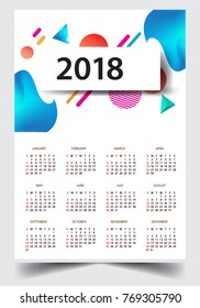 Calendar for 2018 on White Background. Week Starts Monday. Simple and colorful Vector Template