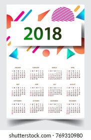 Calendar for 2018 on White Background. Week Starts Monday. Simple and colorful Vector Template