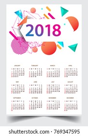 Calendar for 2018 on White Background. Week Starts Monday. Simple and colorful Vector Template