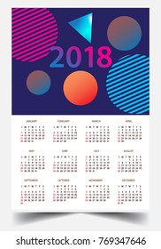 Calendar for 2018 on White Background. Week Starts Monday. Simple and colorful Vector Template
