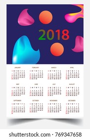 Calendar for 2018 on White Background. Week Starts Monday. Simple and colorful Vector Template